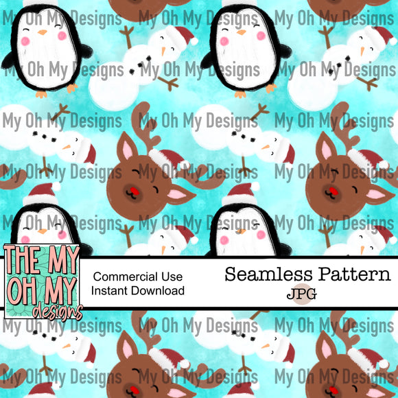 Santa’s friends, reindeer, snowman, penguin, winter - Seamless File