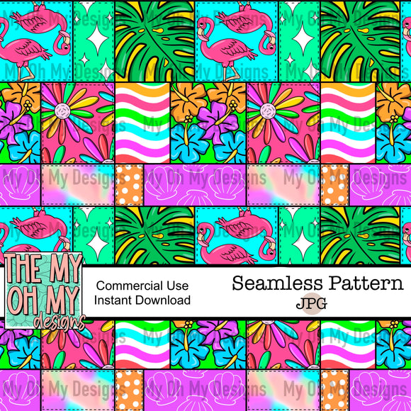 Flamingo, summer, patchwork with stitching - Seamless File