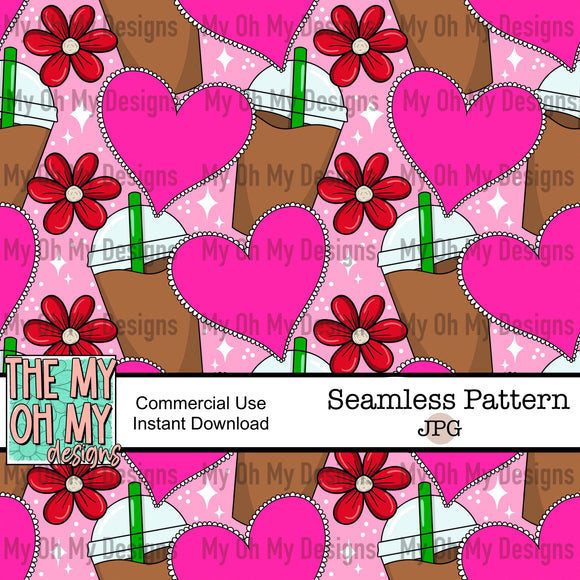 Valentine’s Day, hearts, coffee, floral, flowers - seamless file