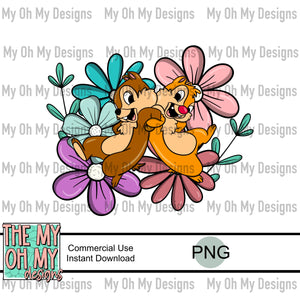 Chipmunks, floral, flowers - PNG File