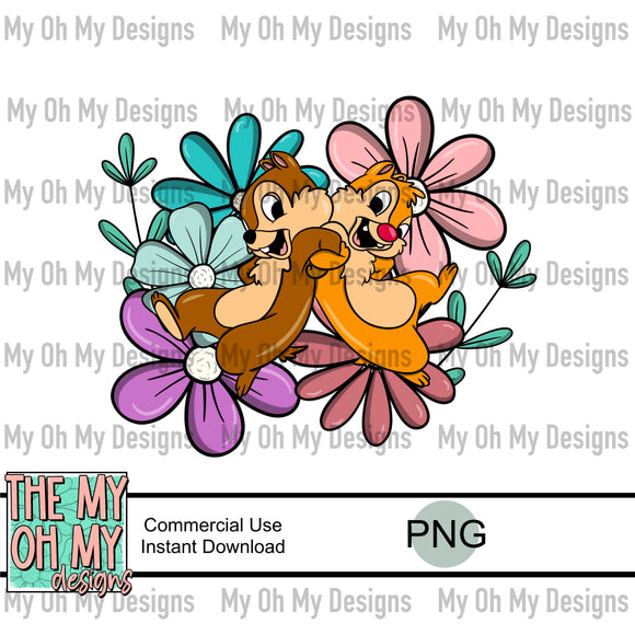 Chipmunks, floral, flowers - PNG File