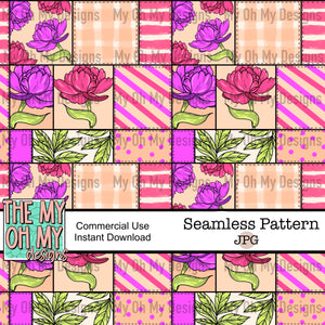 Peony. Floral, flowers, patchwork with stitching - Seamless File