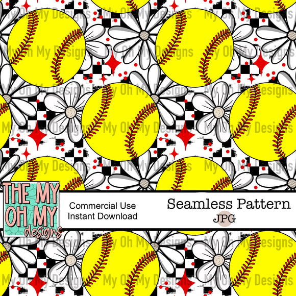 Softball, checkerboard, floral, flower - Seamless File