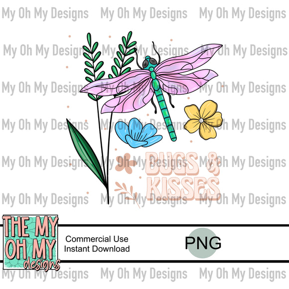 Bugs and kisses, dragonfly, flowers - PNG file