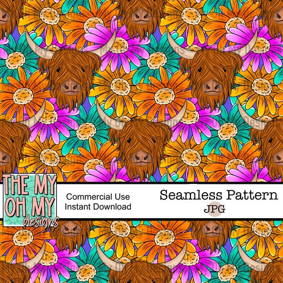 Highland cow, floral, flowers - Seamless File