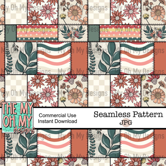 Boho floral, flowers, patchwork with stitching - Seamless File