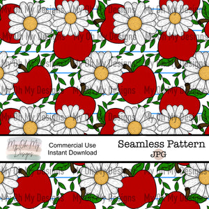 Apples and daisy flowers, notebook paper background, school  - Seamless File