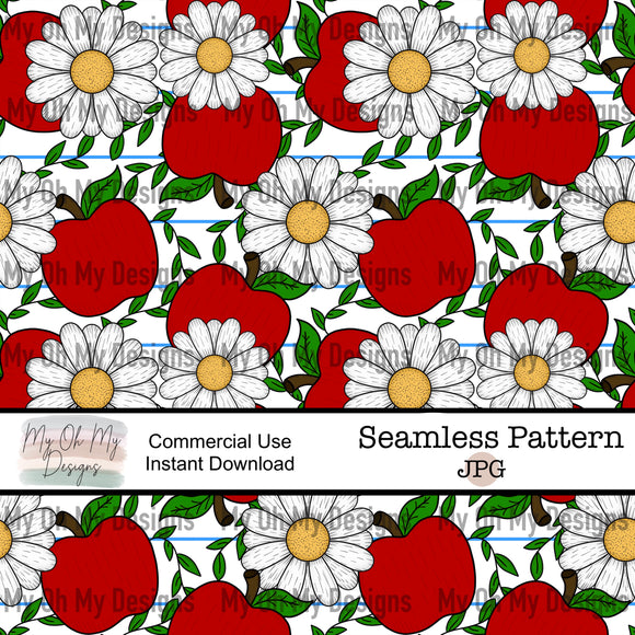 Apples and daisy flowers, notebook paper background, school  - Seamless File