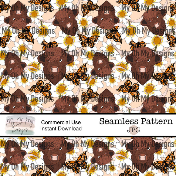 Highland cow, butterfly, floral - Seamless File