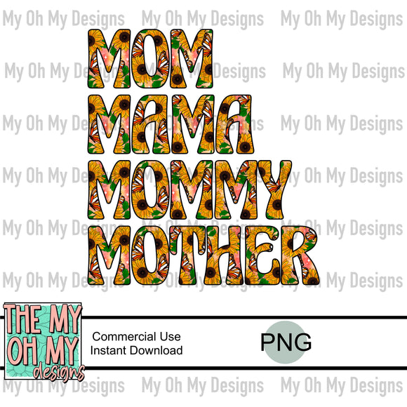 Mom, mama, mommy, mother, names, sunflower, butterfly - PNG File